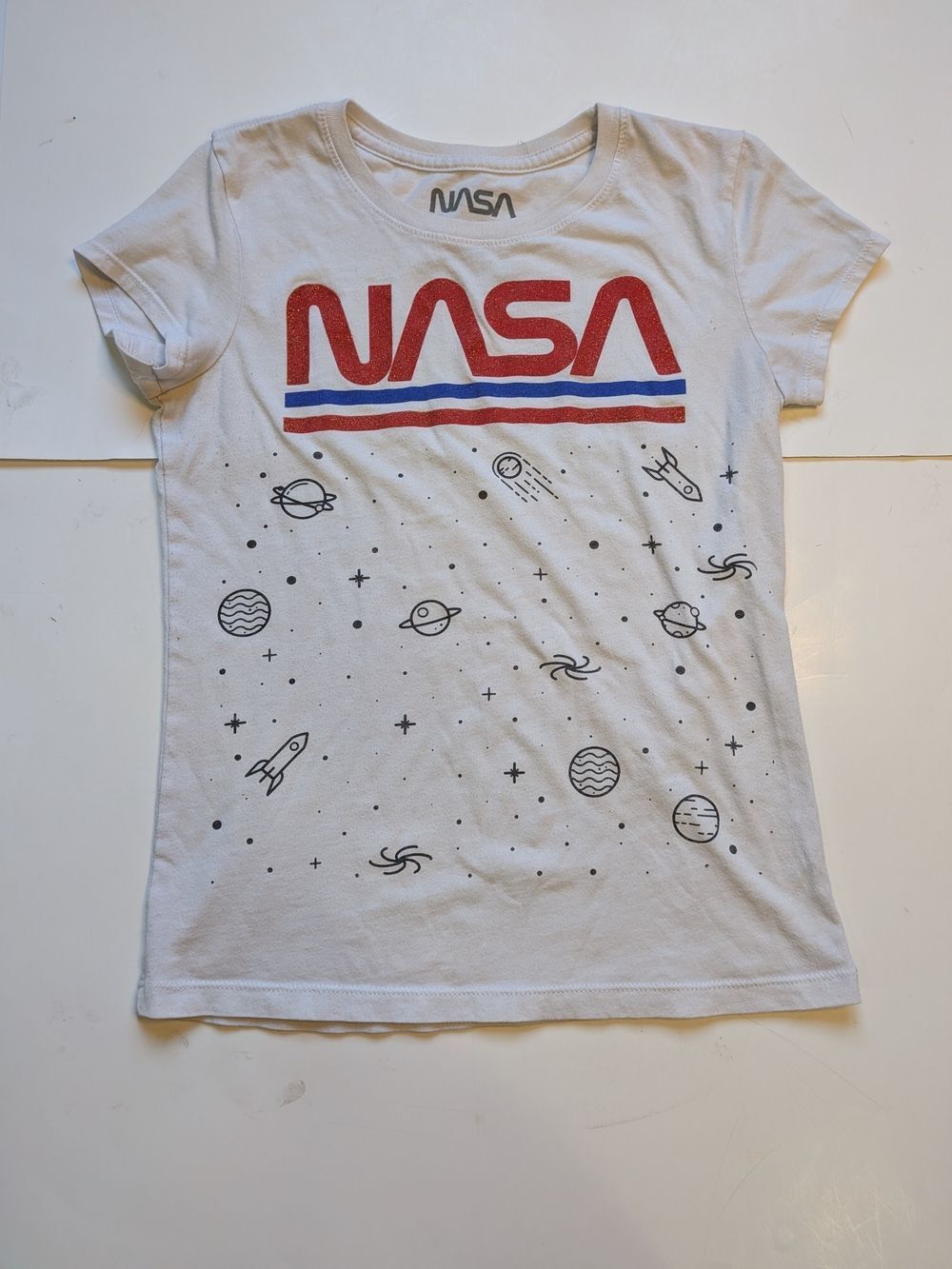 NASA Kids Large Graphic Tee White Logo Space Shirt Short Sleeve